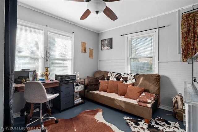 office with crown molding, ceiling fan, and plenty of natural light