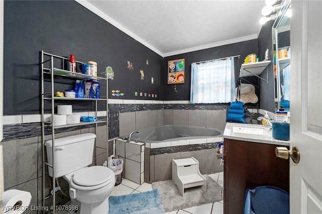 bathroom with toilet, ornamental molding, vanity, tiled bath, and tile patterned flooring