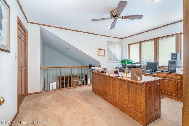 home office featuring light carpet, crown molding, and ceiling fan