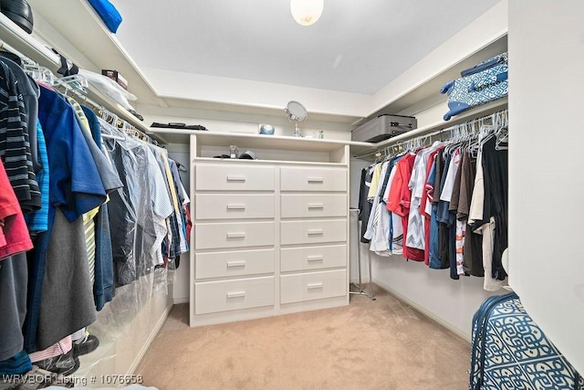 walk in closet featuring light carpet