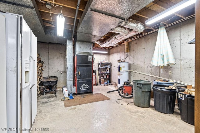 basement with heating unit and water heater