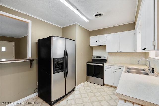 kitchen with sink, crown molding, stainless steel appliances, a textured ceiling, and white cabinets