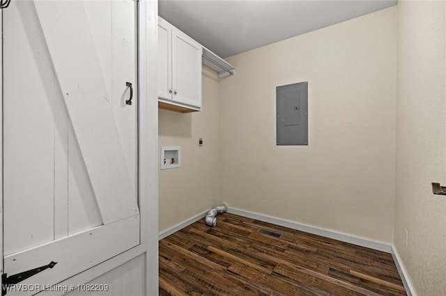 6106 Dean Rd, Alma, AR 72921 - laundry area featuring electric panel, hookup for an electric dryer, cabinet space, dark wood-style floors, and washer hookup