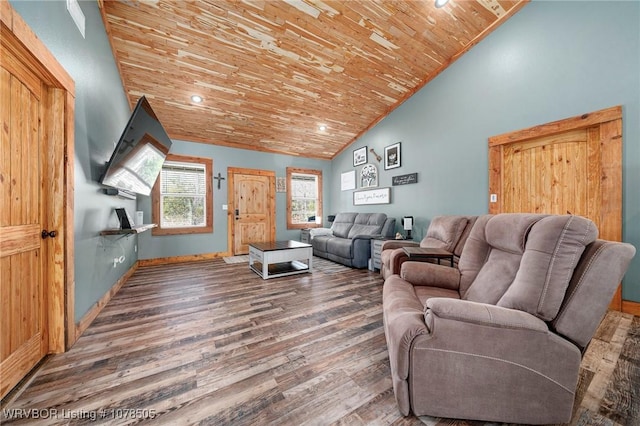 living room with wood-type flooring, wooden ceiling, and lofted ceiling