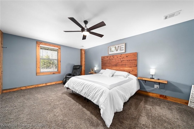 bedroom featuring ceiling fan and dark carpet