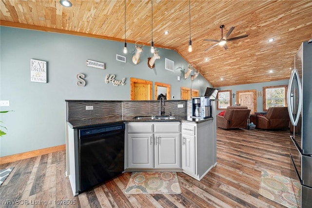 kitchen featuring sink, white cabinetry, black dishwasher, and wood ceiling