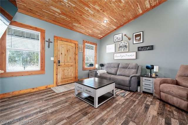 living room featuring plenty of natural light, dark wood-type flooring, lofted ceiling, and wood ceiling