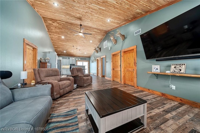 unfurnished living room featuring hardwood / wood-style flooring, high vaulted ceiling, and wood ceiling