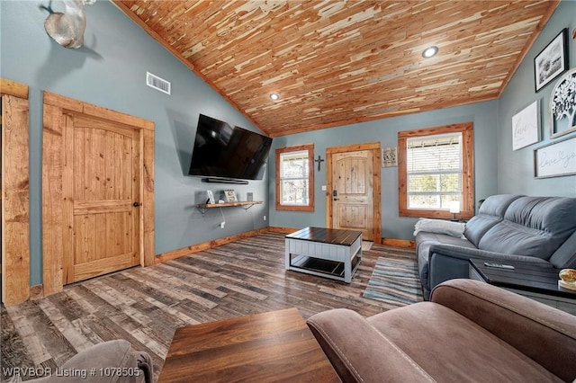 living room with wood ceiling, hardwood / wood-style flooring, and lofted ceiling