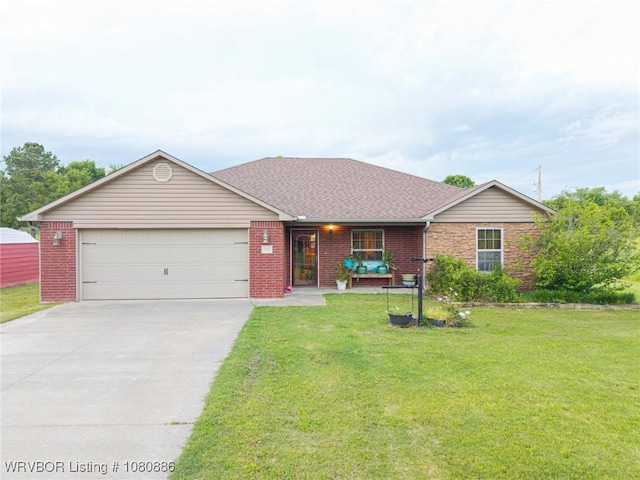 1917 Fisher Rd, Muldrow, OK 74948 - ranch-style house with driveway, an attached garage, a front lawn, and brick siding