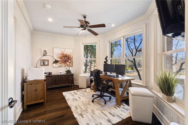 home office with ceiling fan, plenty of natural light, ornamental molding, and dark wood finished floors