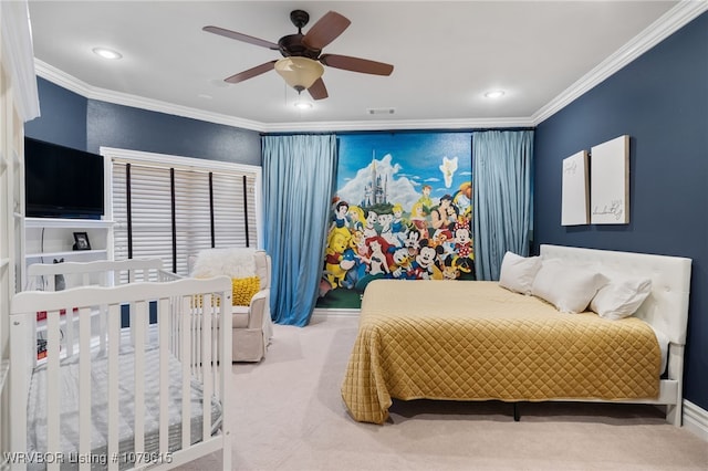 carpeted bedroom with recessed lighting, visible vents, a ceiling fan, and crown molding