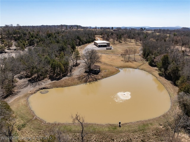 birds eye view of property with a forest view and a water view