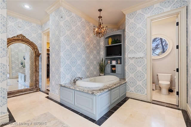 bathroom featuring baseboards, toilet, crown molding, and wallpapered walls