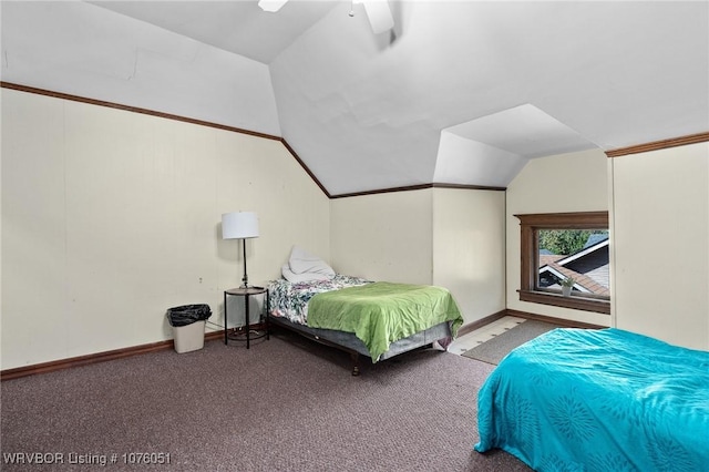 bedroom featuring light carpet, ceiling fan, and lofted ceiling