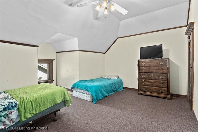 bedroom featuring carpet, vaulted ceiling, and ceiling fan