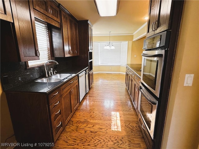 kitchen with light wood-style flooring, dark brown cabinetry, a sink, ornamental molding, and appliances with stainless steel finishes