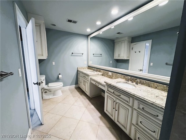 full bath with double vanity, recessed lighting, visible vents, toilet, and a sink