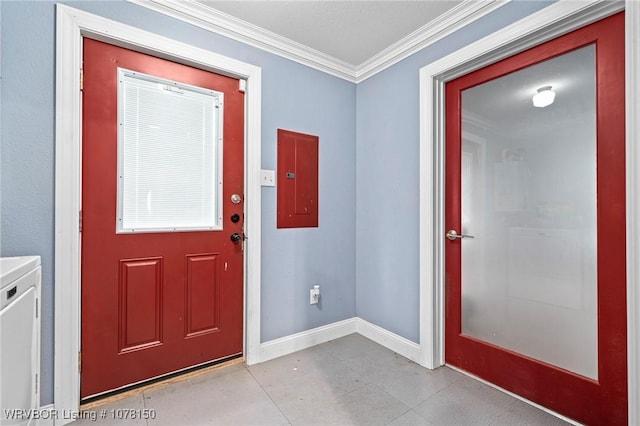 interior space featuring electric panel and crown molding