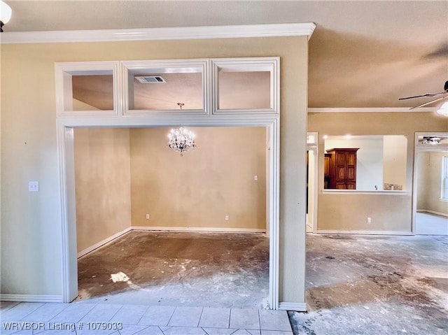 interior space featuring crown molding and ceiling fan with notable chandelier