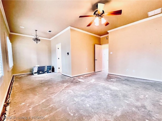 empty room featuring crown molding and ceiling fan with notable chandelier