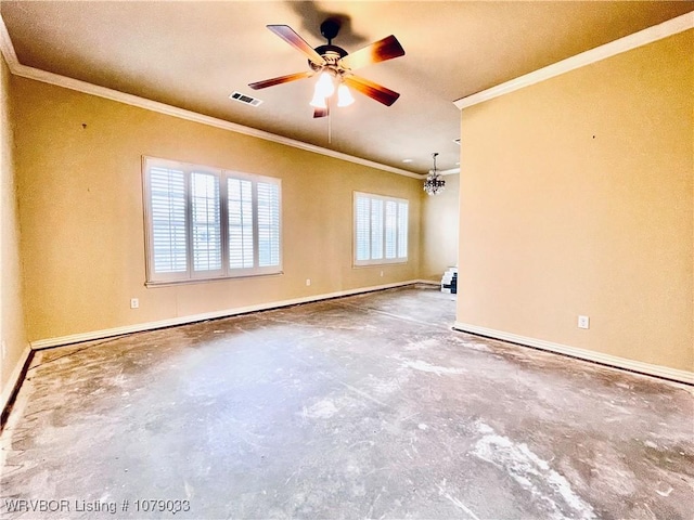 empty room with ceiling fan with notable chandelier, ornamental molding, and concrete floors