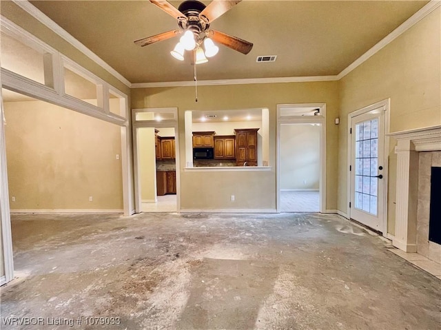 unfurnished living room featuring crown molding, ceiling fan, and a high end fireplace