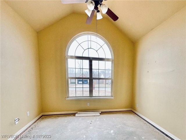 unfurnished room with vaulted ceiling and ceiling fan