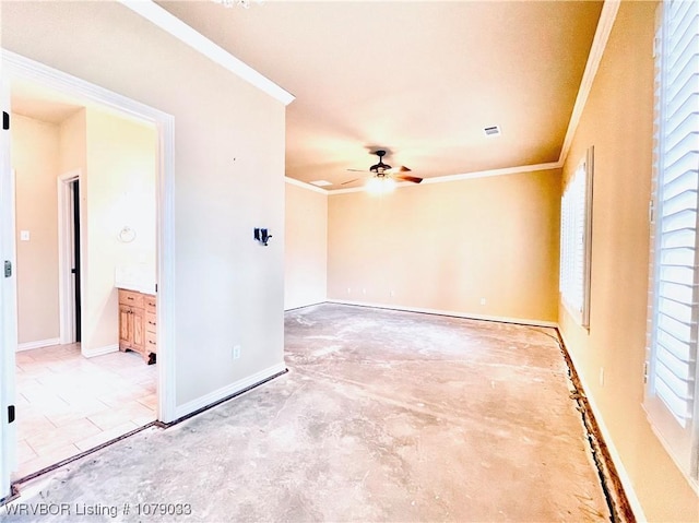 unfurnished room with concrete flooring, ornamental molding, and ceiling fan