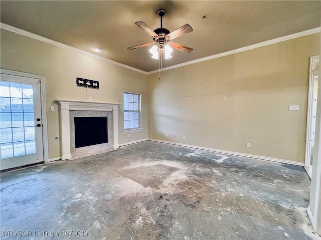 unfurnished living room with crown molding, a fireplace, concrete flooring, and ceiling fan