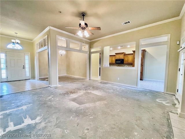 unfurnished living room with ornamental molding and ceiling fan with notable chandelier