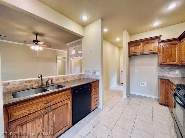 kitchen with tasteful backsplash, dishwasher, sink, stove, and ceiling fan