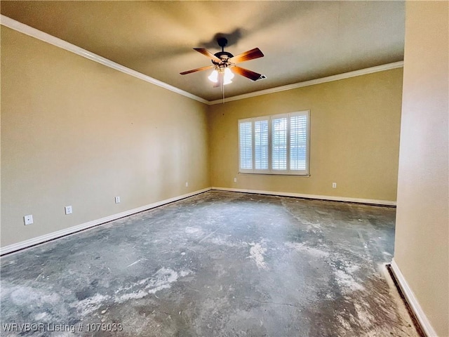 unfurnished room featuring ceiling fan and ornamental molding