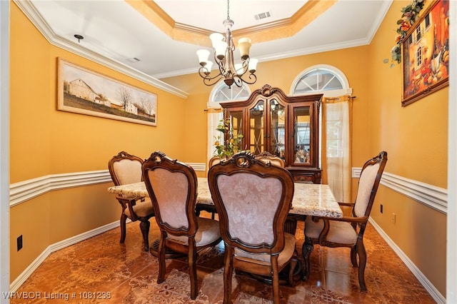 1524 Bunker Hill Ct, Van Buren, AR 72956 - tiled dining room with a chandelier, a raised ceiling, baseboards, and crown molding