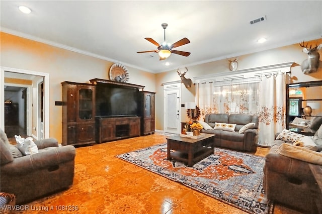 1524 Bunker Hill Ct, Van Buren, AR 72956 - living room with a ceiling fan, ornamental molding, tile patterned flooring, and recessed lighting