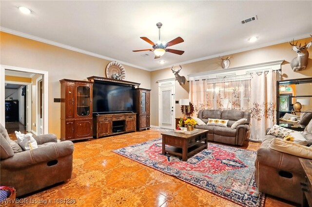 1524 Bunker Hill Ct, Van Buren, AR 72956 - living area featuring ceiling fan, ornamental molding, light tile patterned floors, and recessed lighting