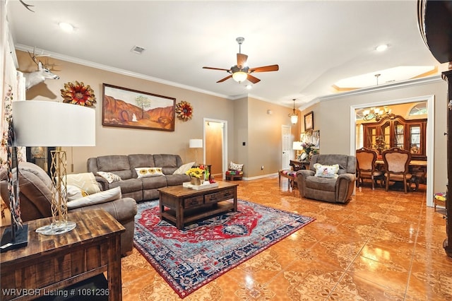 1524 Bunker Hill Ct, Van Buren, AR 72956 - living room with ceiling fan, tile patterned flooring, ornamental molding, baseboards, and recessed lighting