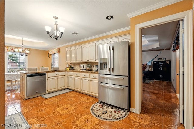 1524 Bunker Hill Ct, Van Buren, AR 72956 - kitchen with appliances with stainless steel finishes, a chandelier, a peninsula, a sink, and light tile patterned floors