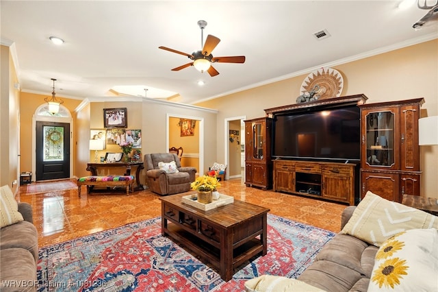 1524 Bunker Hill Ct, Van Buren, AR 72956 - living area with a ceiling fan, ornamental molding, light tile patterned flooring, and baseboards