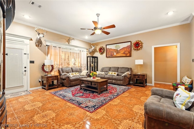 1524 Bunker Hill Ct, Van Buren, AR 72956 - living area with a ceiling fan, light tile patterned floors, ornamental molding, baseboards, and recessed lighting