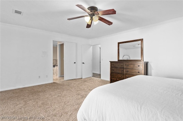 bedroom featuring carpet, ceiling fan, and ornamental molding