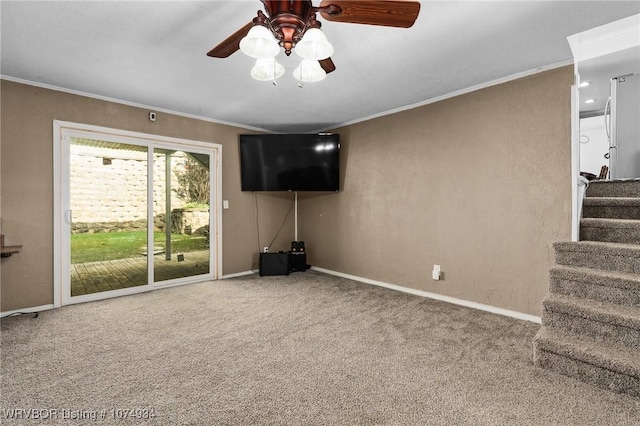 unfurnished living room with carpet, ceiling fan, and crown molding