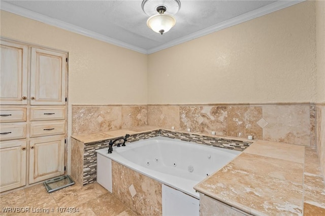 bathroom with a washtub and crown molding