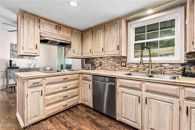 kitchen featuring stainless steel dishwasher, black electric cooktop, extractor fan, sink, and dark hardwood / wood-style floors