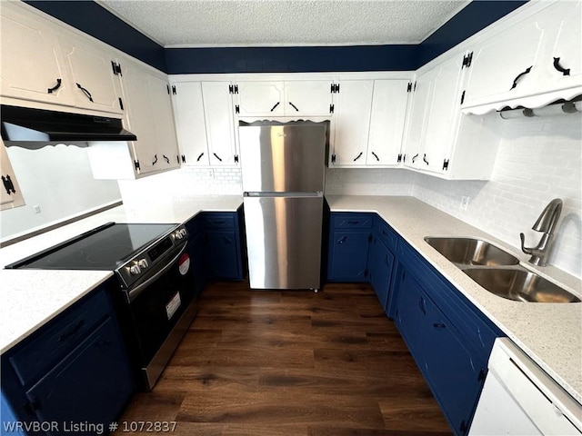 kitchen featuring stainless steel refrigerator, white cabinetry, sink, white dishwasher, and black range