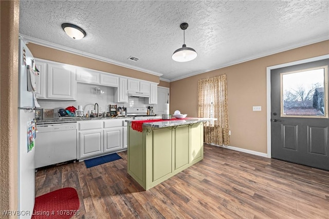 kitchen with dark hardwood / wood-style floors, white cabinets, a center island, green cabinets, and white dishwasher