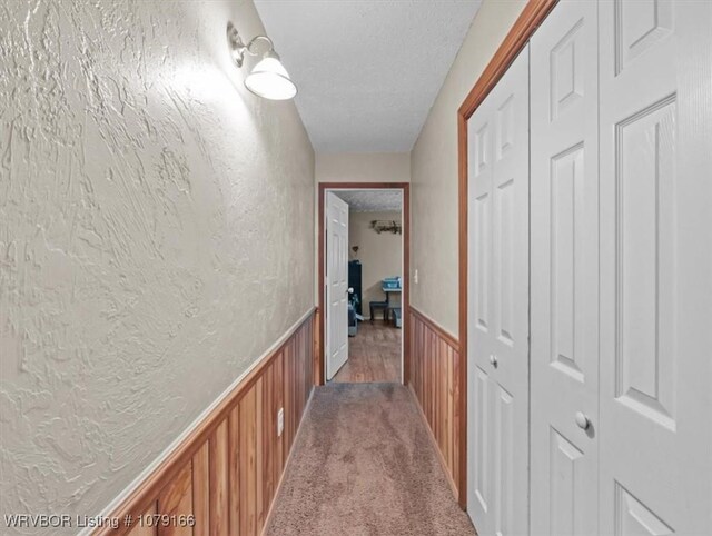 23805 270th Hwy, Howe, OK 74940 - hall with a wainscoted wall, a textured ceiling, carpet floors, and a textured wall