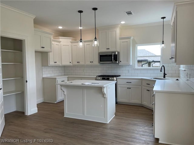 9114 Maysview Ln, Fort Smith, AR 72916 - kitchen featuring a sink, stainless steel appliances, dark wood-style flooring, a center island, and ornamental molding