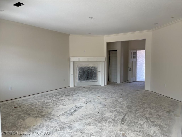 unfurnished living room with crown molding