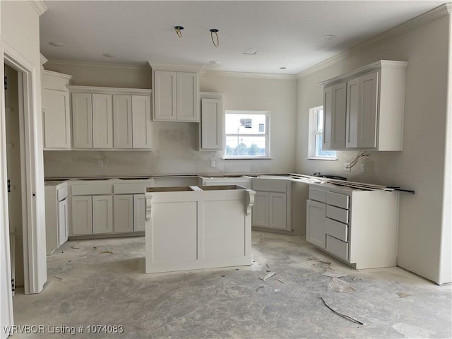 kitchen featuring gray cabinetry, a kitchen island, and crown molding